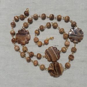 Vintage Handmade Jasper Stone Clover Agate Carved Necklace OOAK